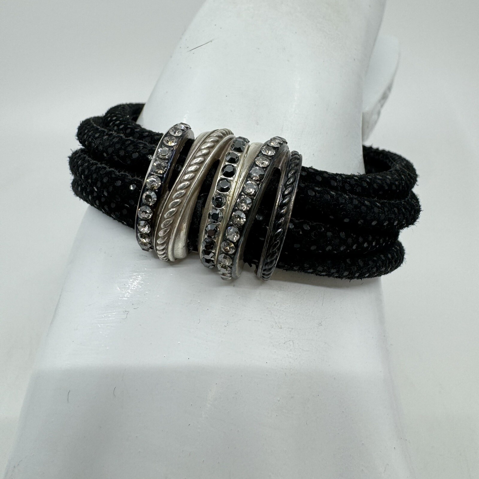 Brighton Neptune’s Ring Magneto Cuff Bracelet Black Multistrand Crystals 7.25”