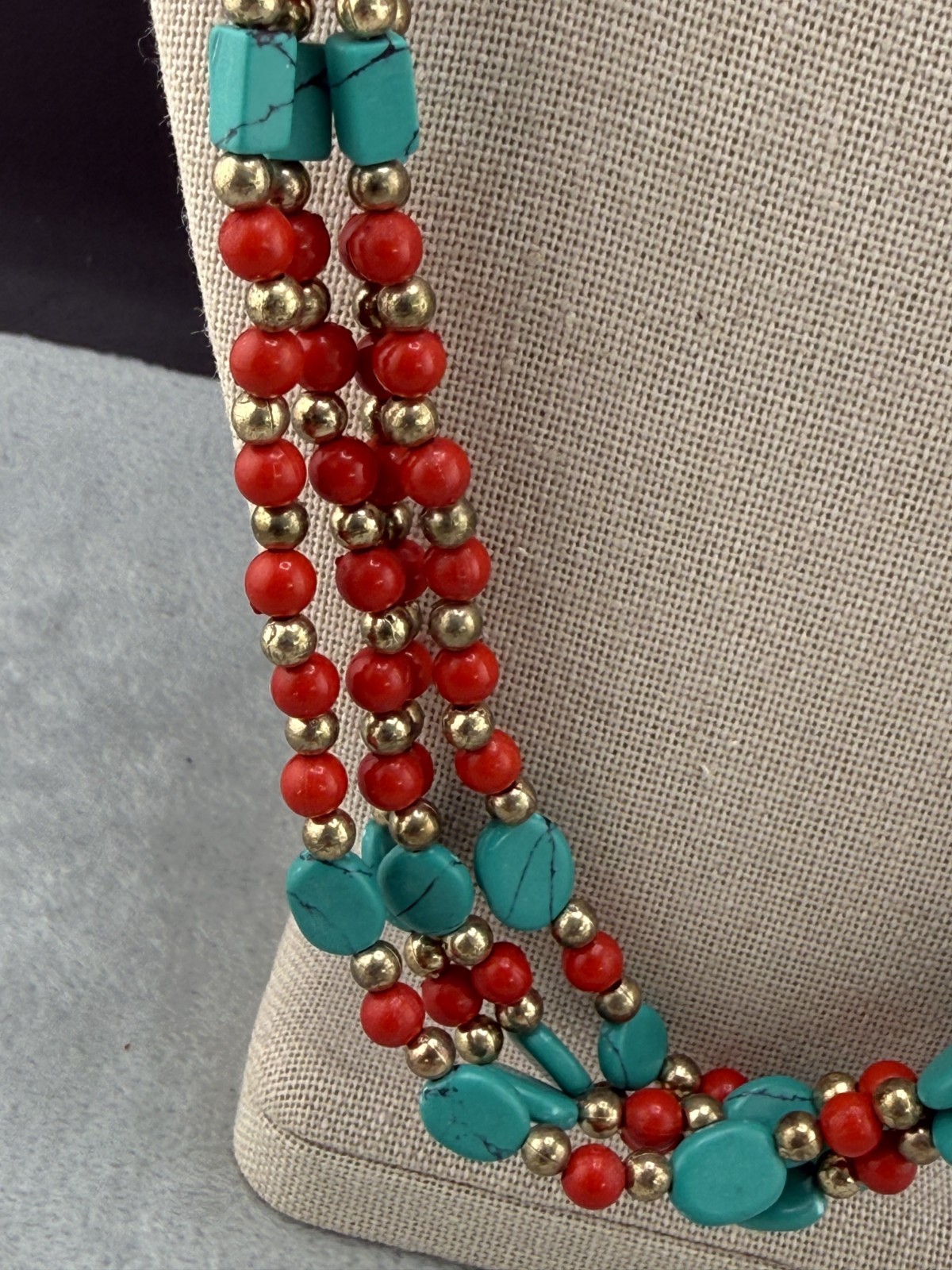 Bohemian Retro Layered Necklace Tibetan Style Red Blue Beads Gold Tone 26″