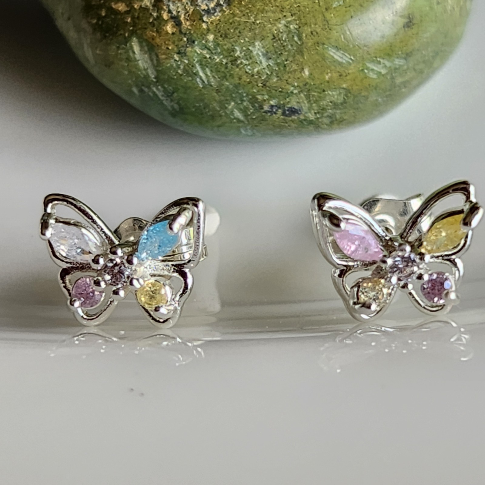 925 Sterling Silver Multicolor Topaz Butterfly 7x8mm Earrings Gemstone Girls