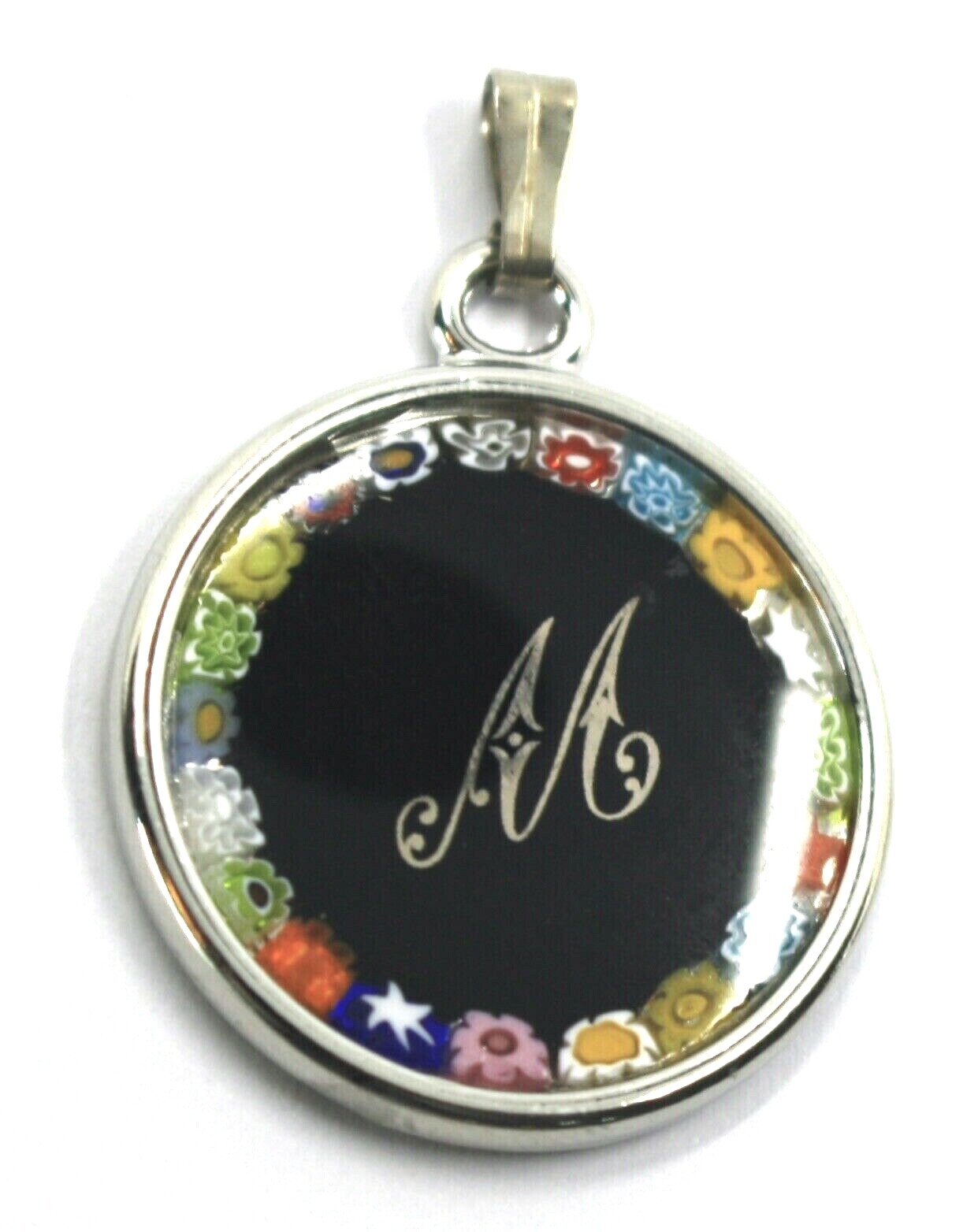LETTER M PENDANT MURANO GLASS MULTI COLOR MURRINE 2.5cm 1″ INITIAL MADE IN ITALY