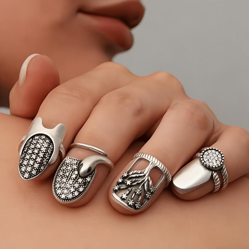 Elegant Nail Ring 4 Pack Set Adjustable Opening Size for Daily Wear, Party, Gift