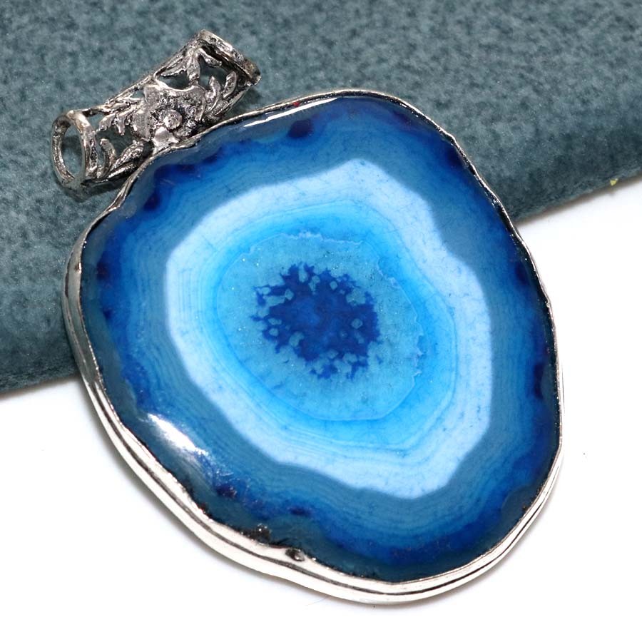925 Silver Plated Huge Blue Botswana Druzy Slice Pendant 2.2″ Fashion Sale GW