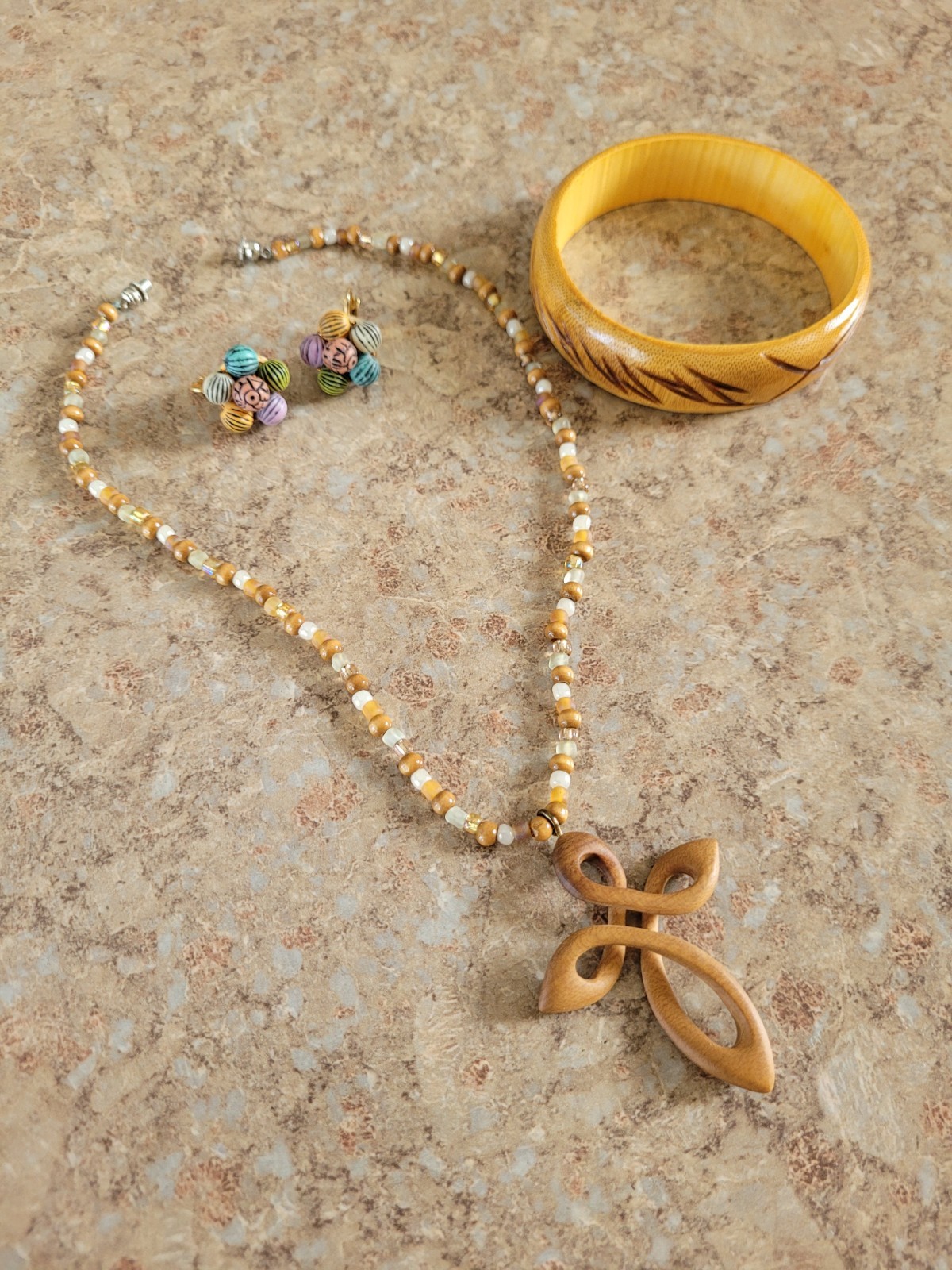 Handmade Tan & White Beaded Chain Wood Cross Pendant, Bangle Bracelet, Earrings