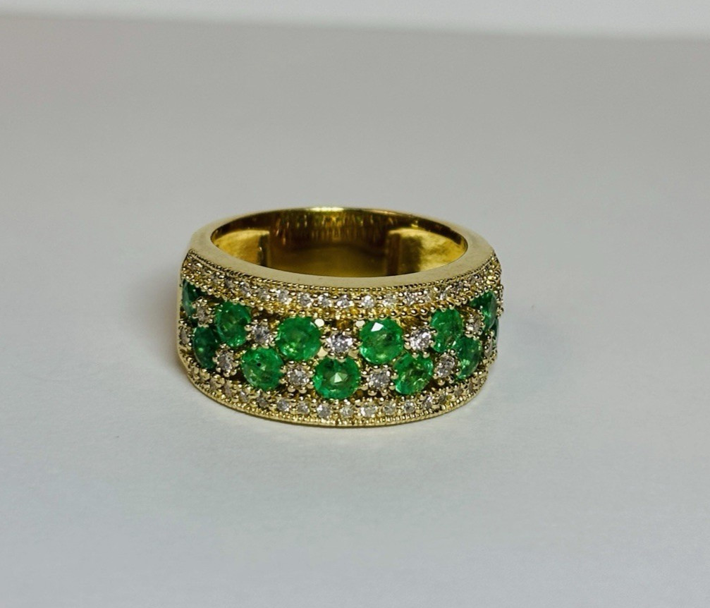 Effy 14K Gold Green Stone and Diamond Band Ring Size 7.25