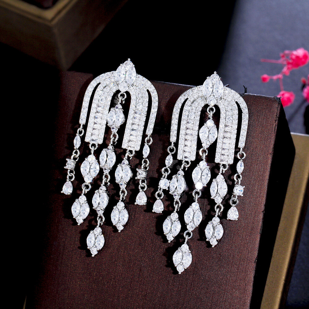 Silver Plated Cubic Zirconia Long Chandelier Dangle Drop Wedding Earrings Women