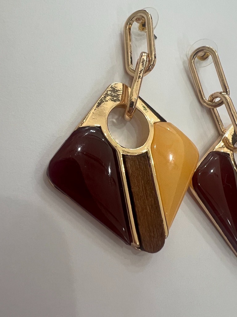 Geometric Earrings Gold Amber Wine Blush Wood 3” Mod Uncas Int Vendor Sample