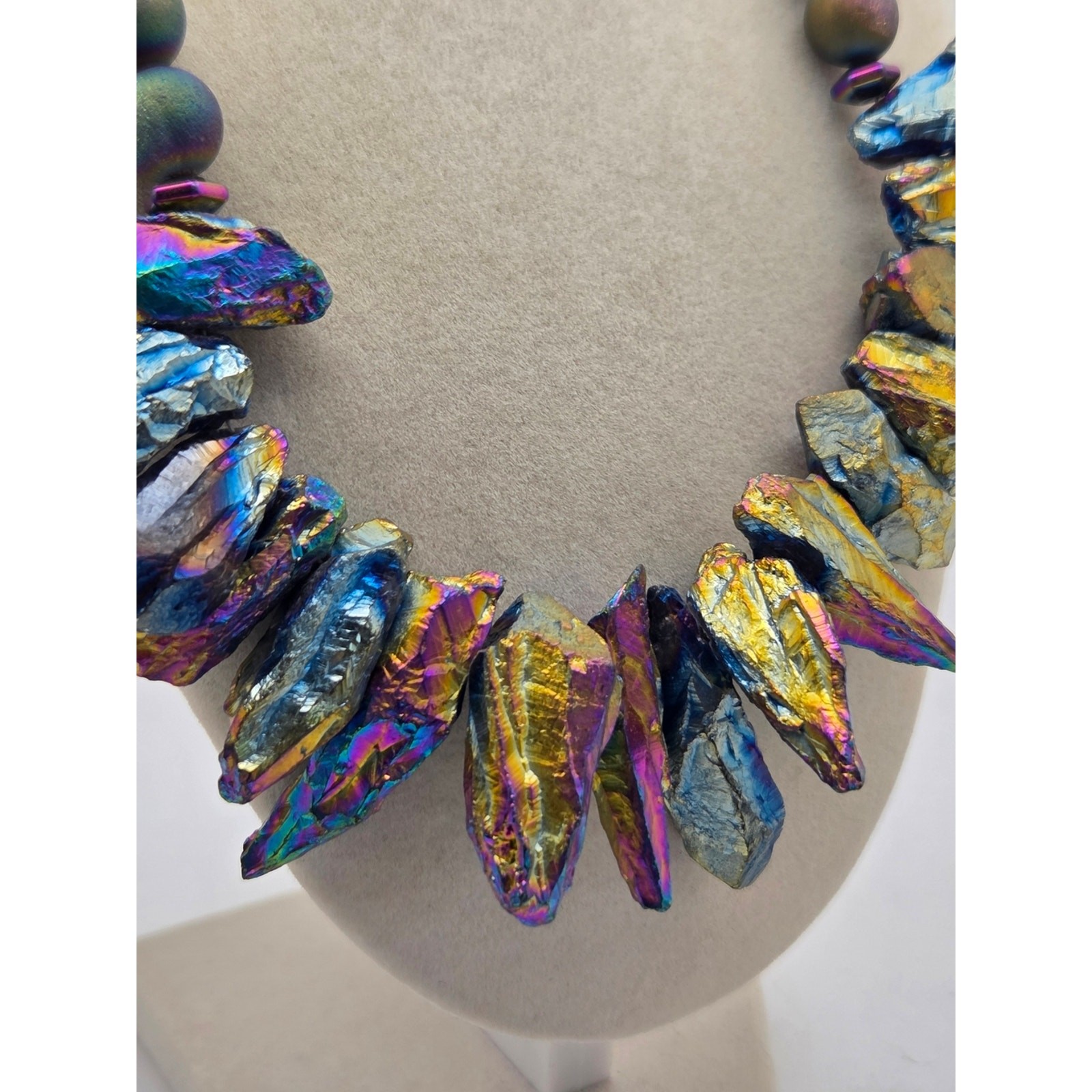 Raw Rainbow Aura Titanium Quartz & Lava Rock Statement Bib Necklace – 16″