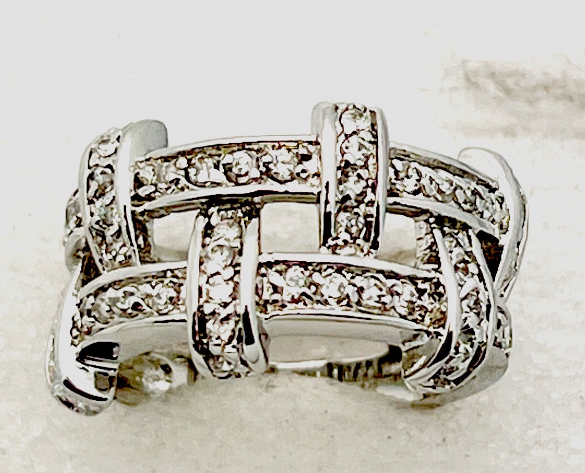 Sterling Silver 925 6.9 Gram 2 Row Basketweave 50 CZ  Size 6 1/2