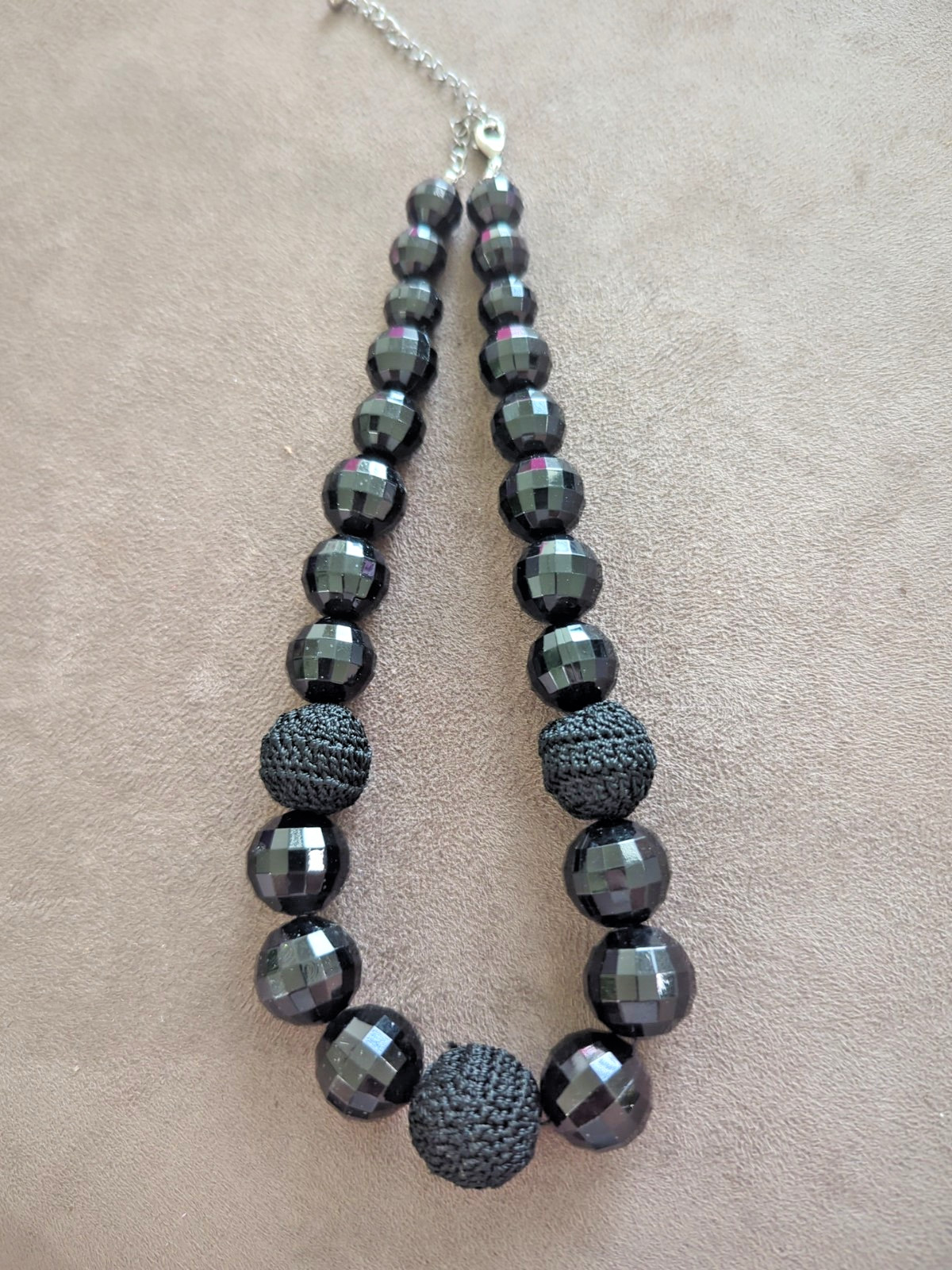 Chunky Black Faceted Beaded Necklace With Mixed Materials – 16 Inches Long