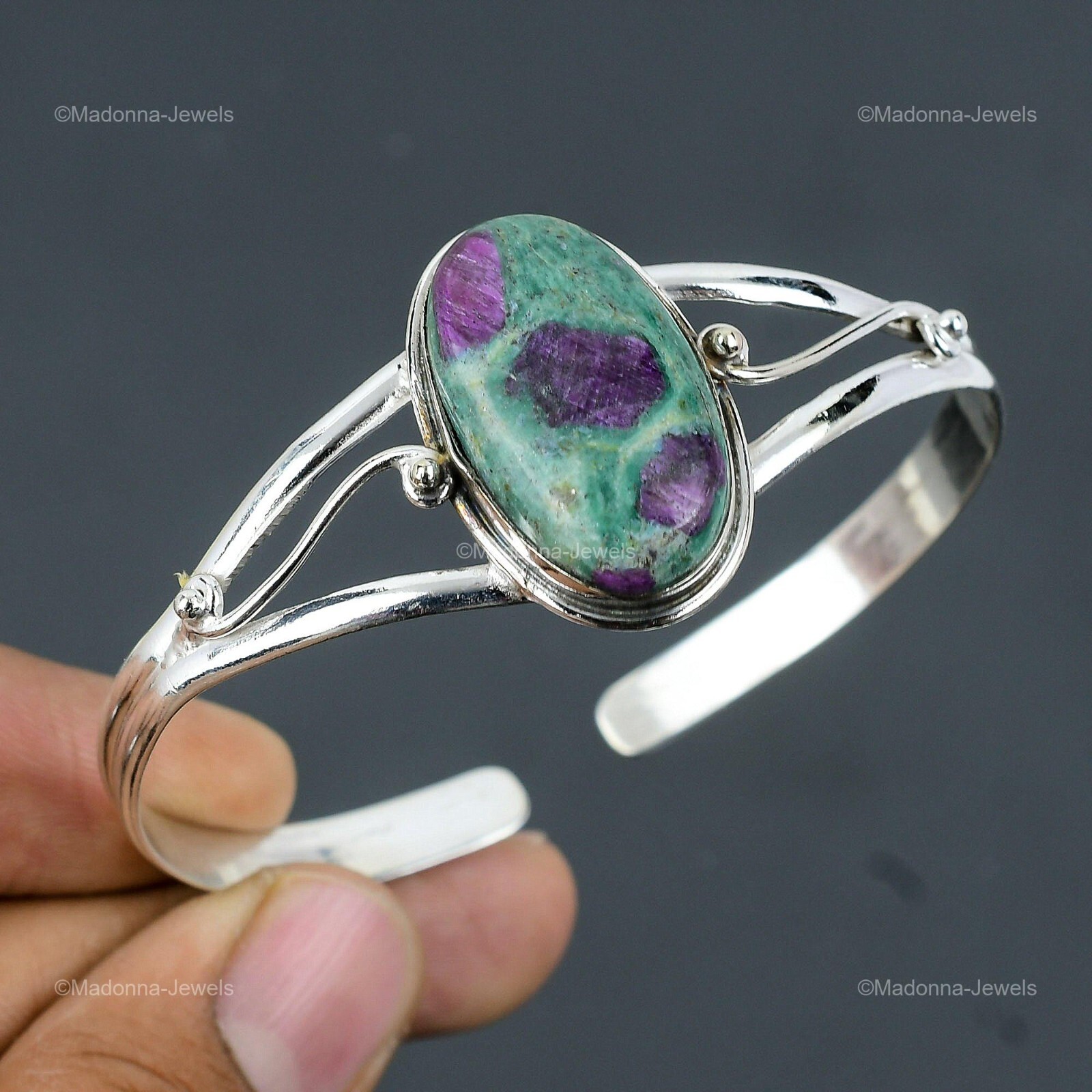 Oval Ruby Fuchsite Stone 925 Silver New Trendy Sister Engagement Bangle Jewelry
