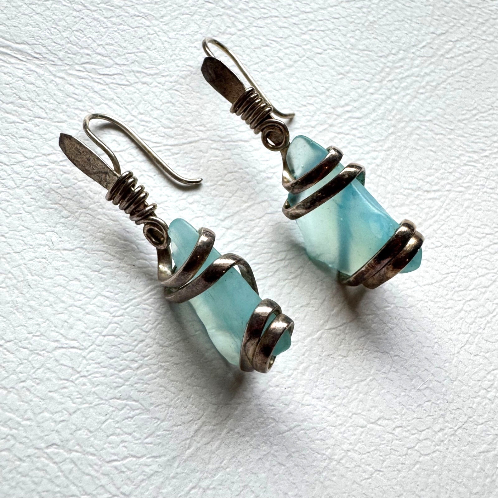 Handmade Wire Wrapped Blue Sea Glass Earrings Silver Tone Dangle Boho Jewelry