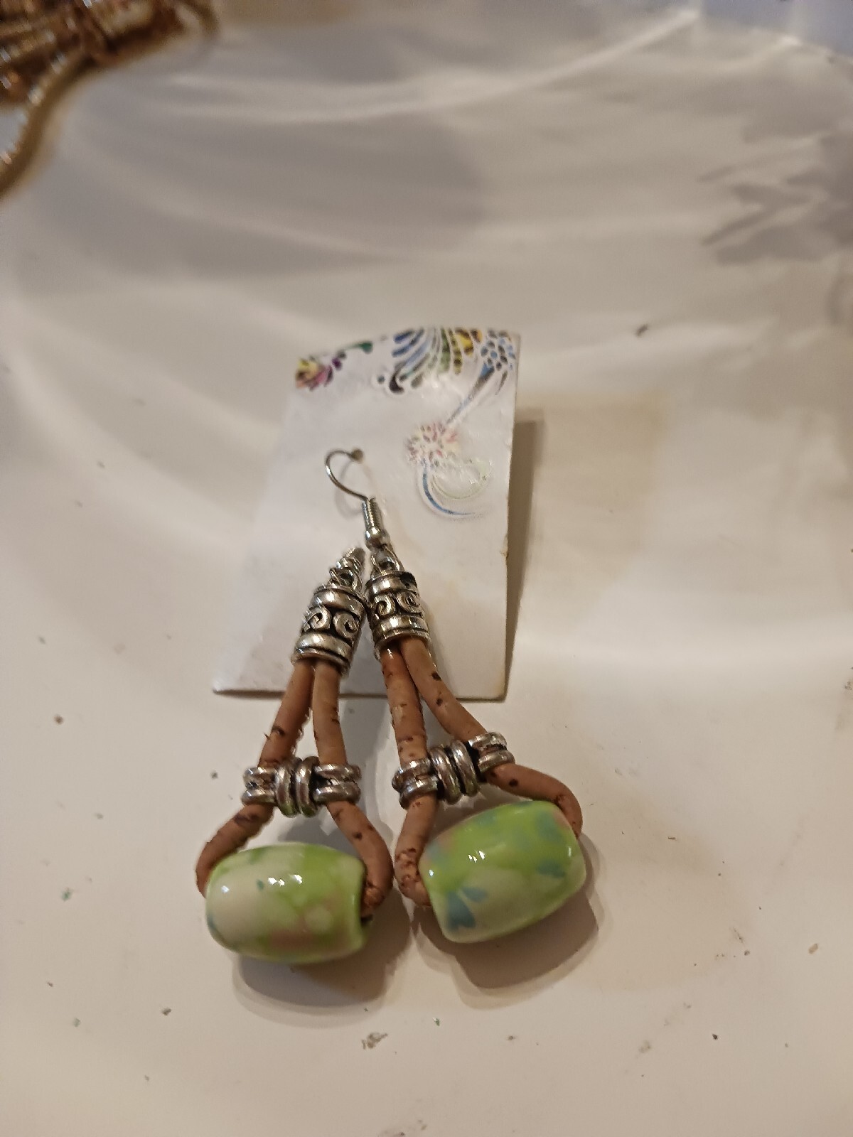 Handmade Cork and Ceramic Bead Dangle Earrings, Summer, Silvertone