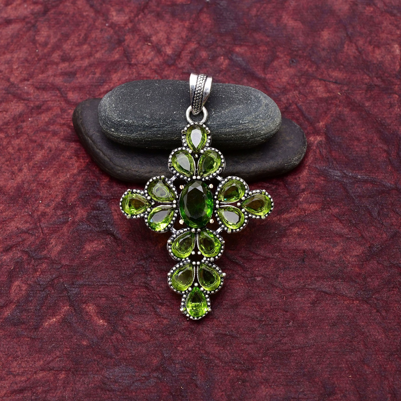 Peridot Gemstone 925 sterling silver Handmade Cross Pendant jewelry 2.75″