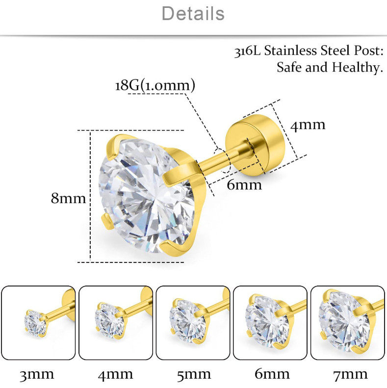 Hypoallergenic Gold-tone Stainless Steel Round CZ Stud Earrings Screw Back PE31