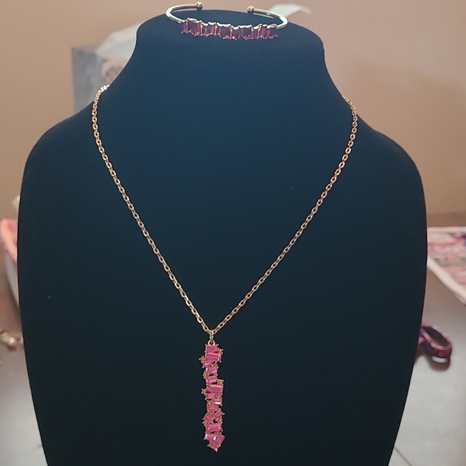 Gold Tone Pink Baguette Crystal Necklace & Bracelet Set Adjustable Signed