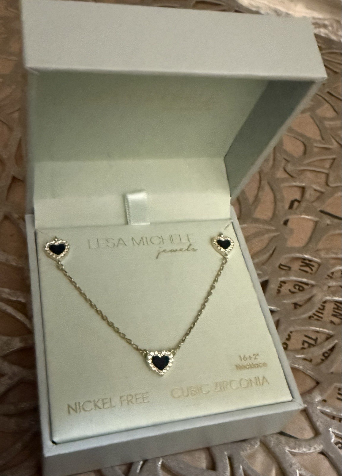 Lesa Michele Jewels Gold Tone Black Heart CZ Necklace & Earrings Set Nickel-Free