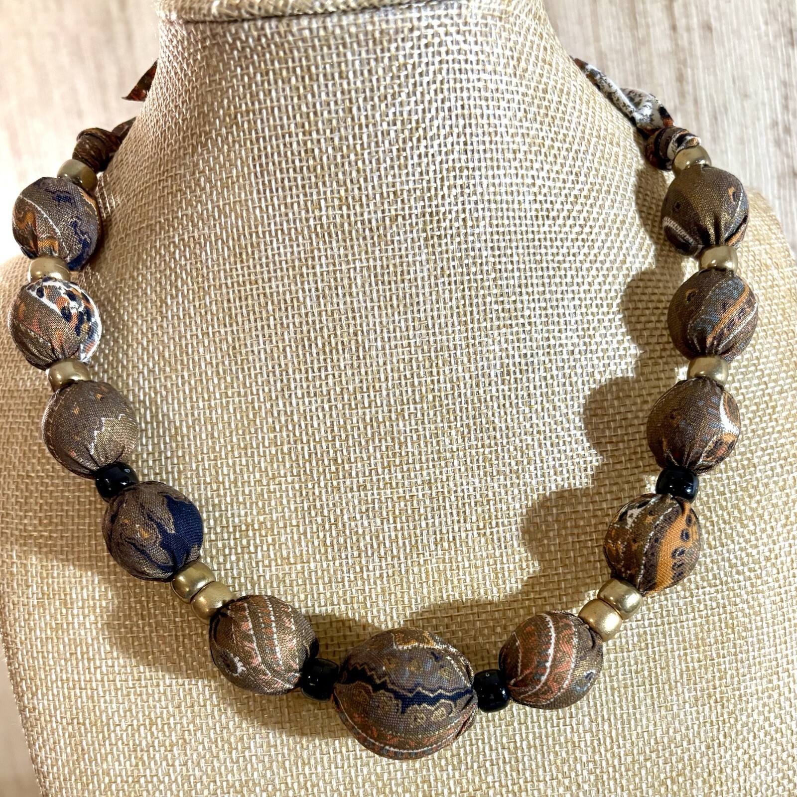 Orange Brown Black Paisley Fabric Wrapped Wood Bead Adjustable Tie-Back Necklace