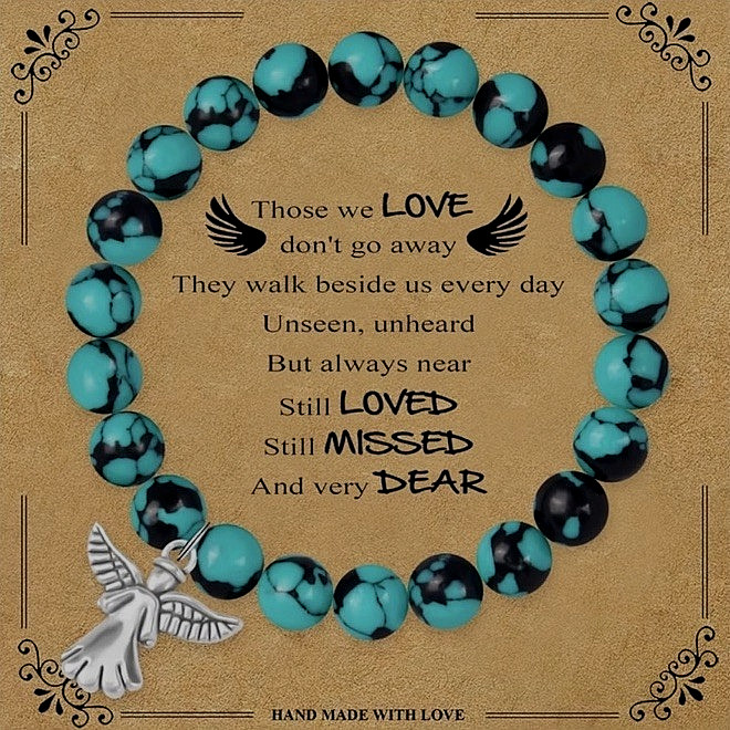 NEW FASHION A LIFE TEAL STONE MARBLE BEADED STRETCH BRACELET WITH SILVER ANGEL