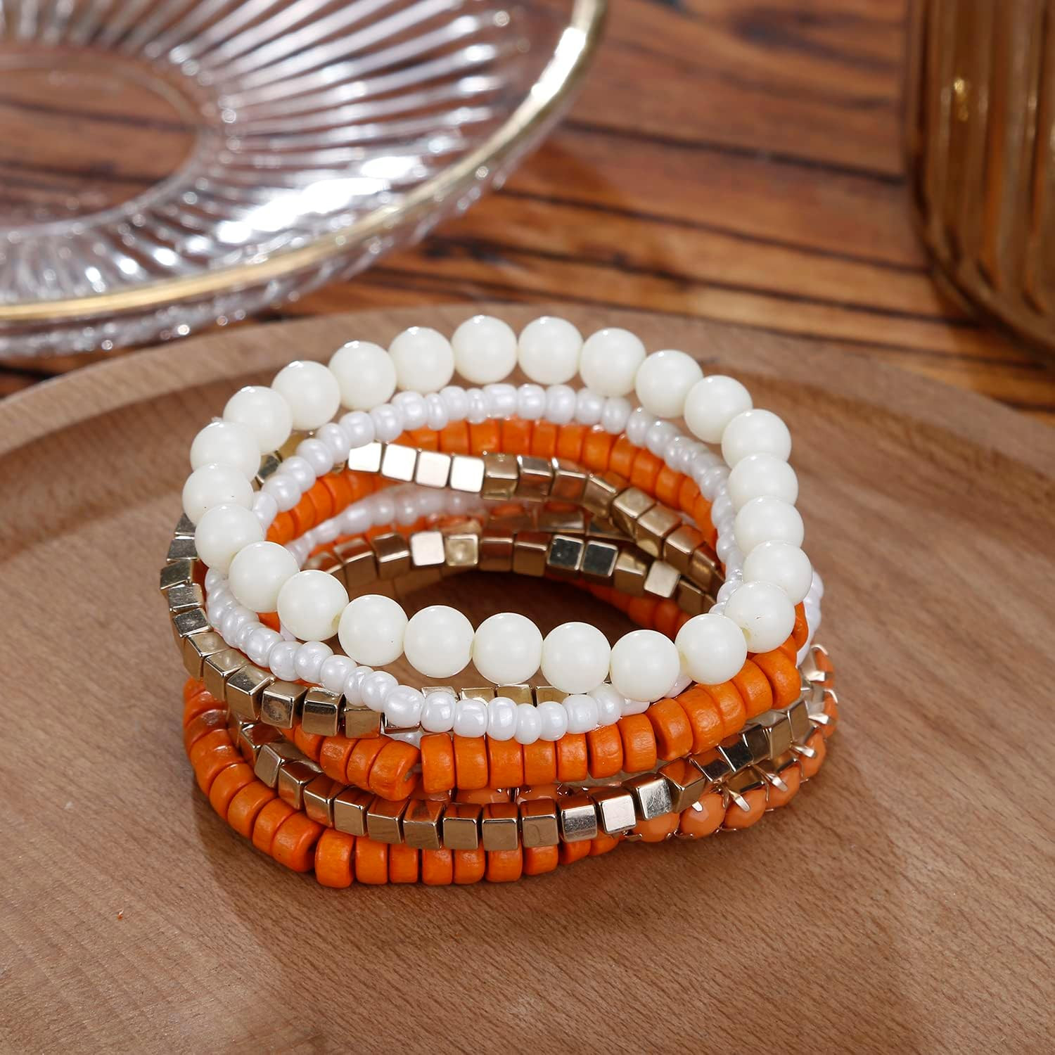 Bohemian Beads Cube Multi Strand Stretch Stackable Bangle Bracelet Set (Bl003172