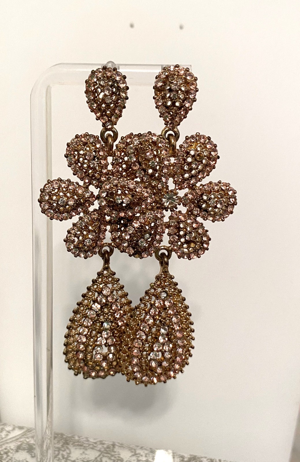 Rose Gold-Tone Pave Rhinestone Floral Teardrop Earrings