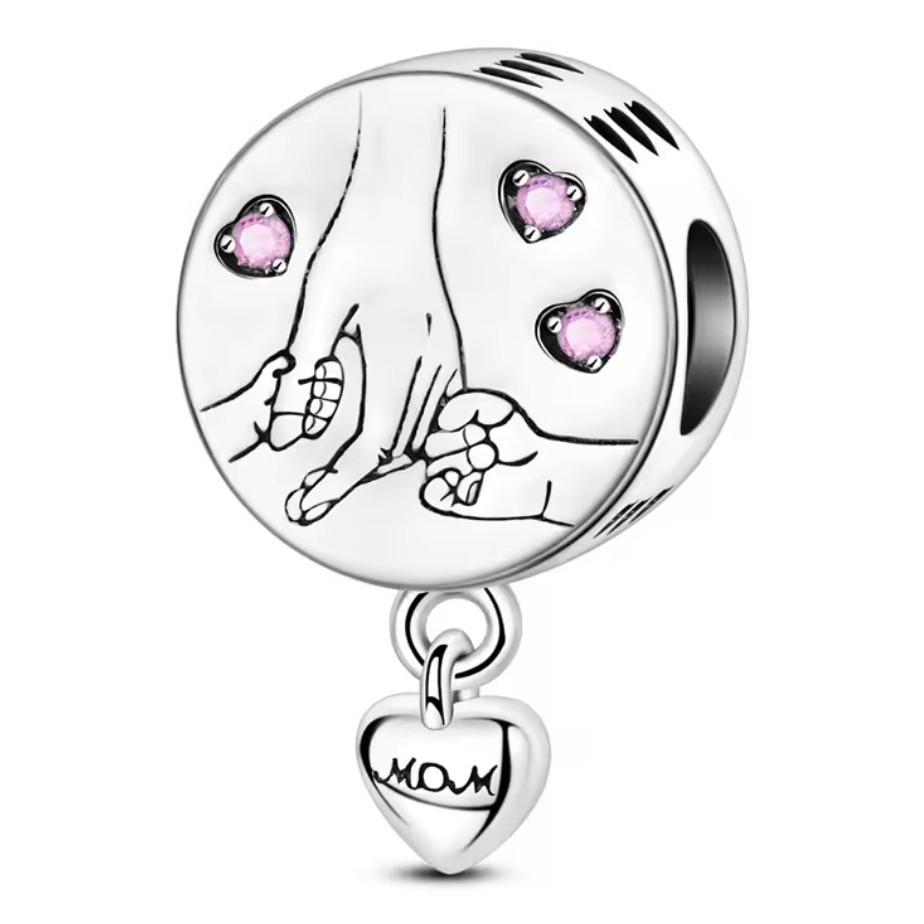Silver Tone Engraved MOM Heart Dangle Bead Charm, Pink Crystal Stones