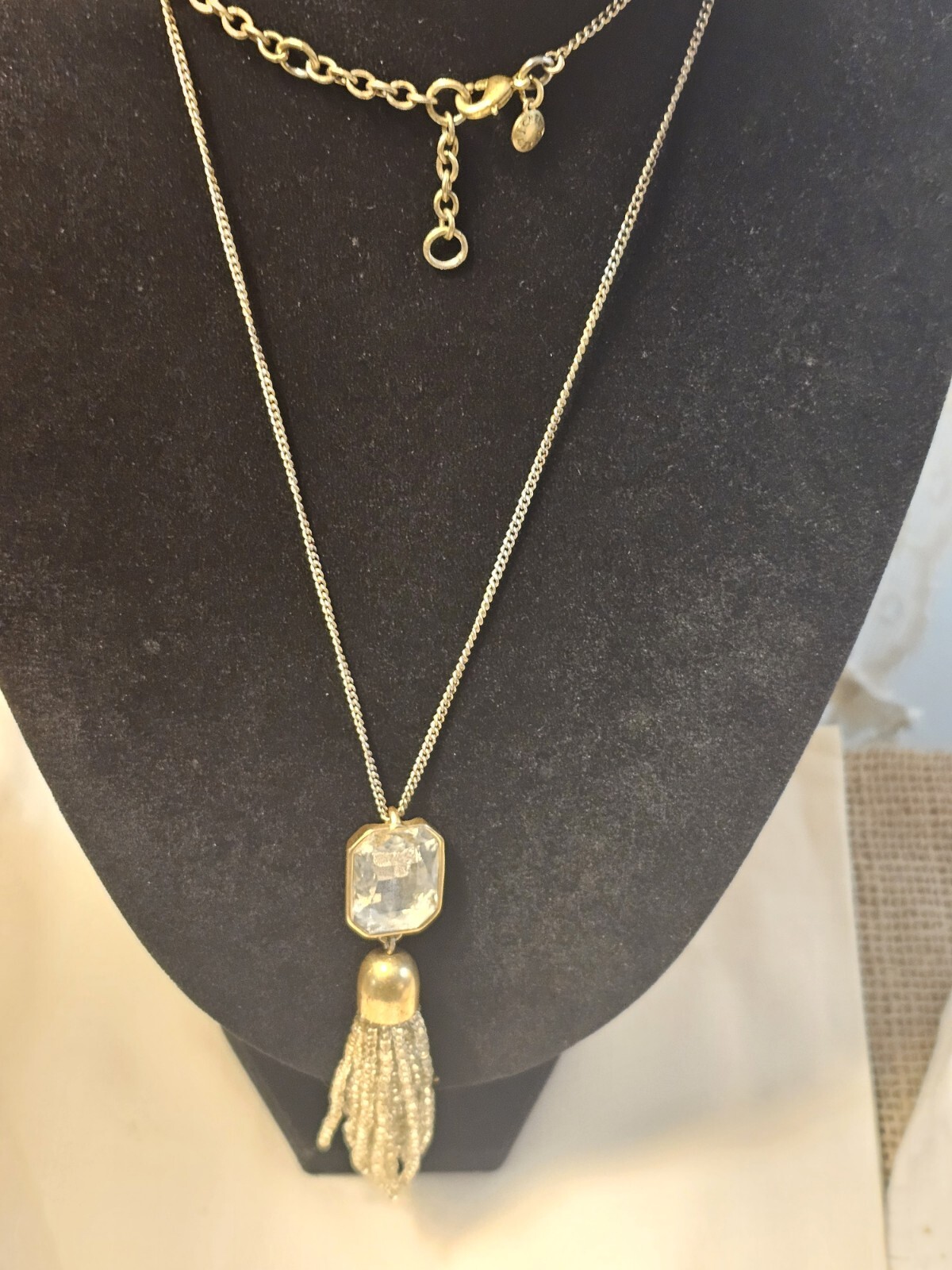 J Crew Signed Crystal Pendant Gold Tone Clear Tassle Seed Beads 38″ Adj Dust Bag