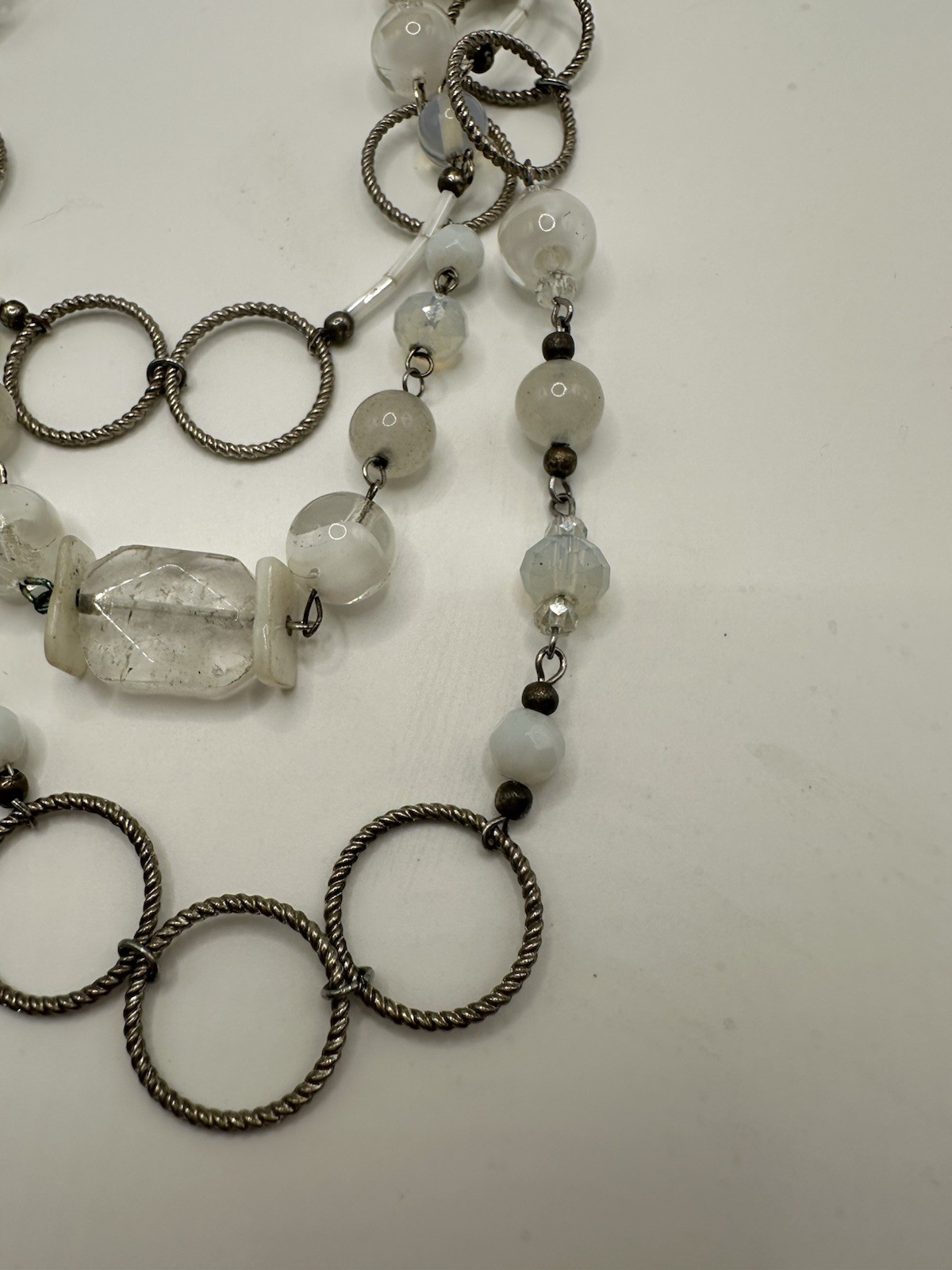 Multi Strand White Clear Opalescent Glass Beaded And Metal Necklace 16”