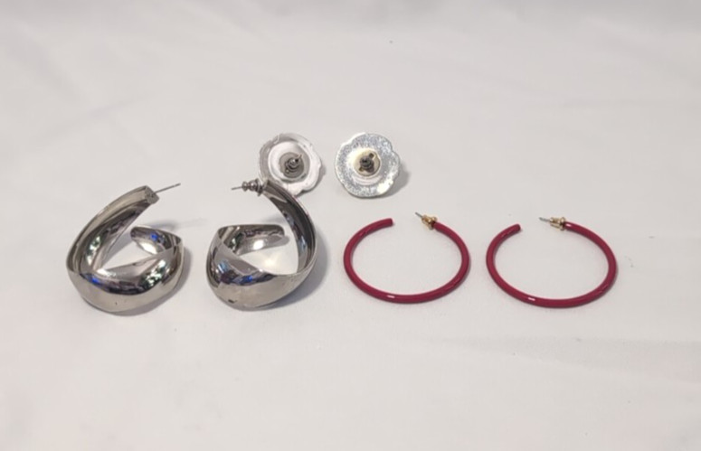 Hoops and Pearl Silvertone Studs Pierced Earrings Lot Of 3