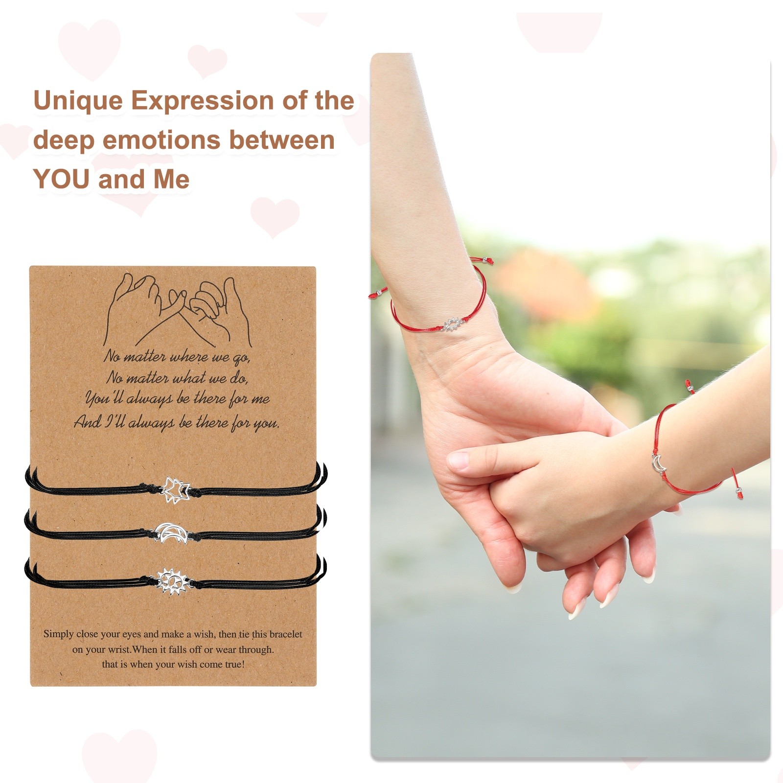 Friendship Bracelets Set, 3Pcs Sun/Moon/Stars Charm Bracelets, (Black)