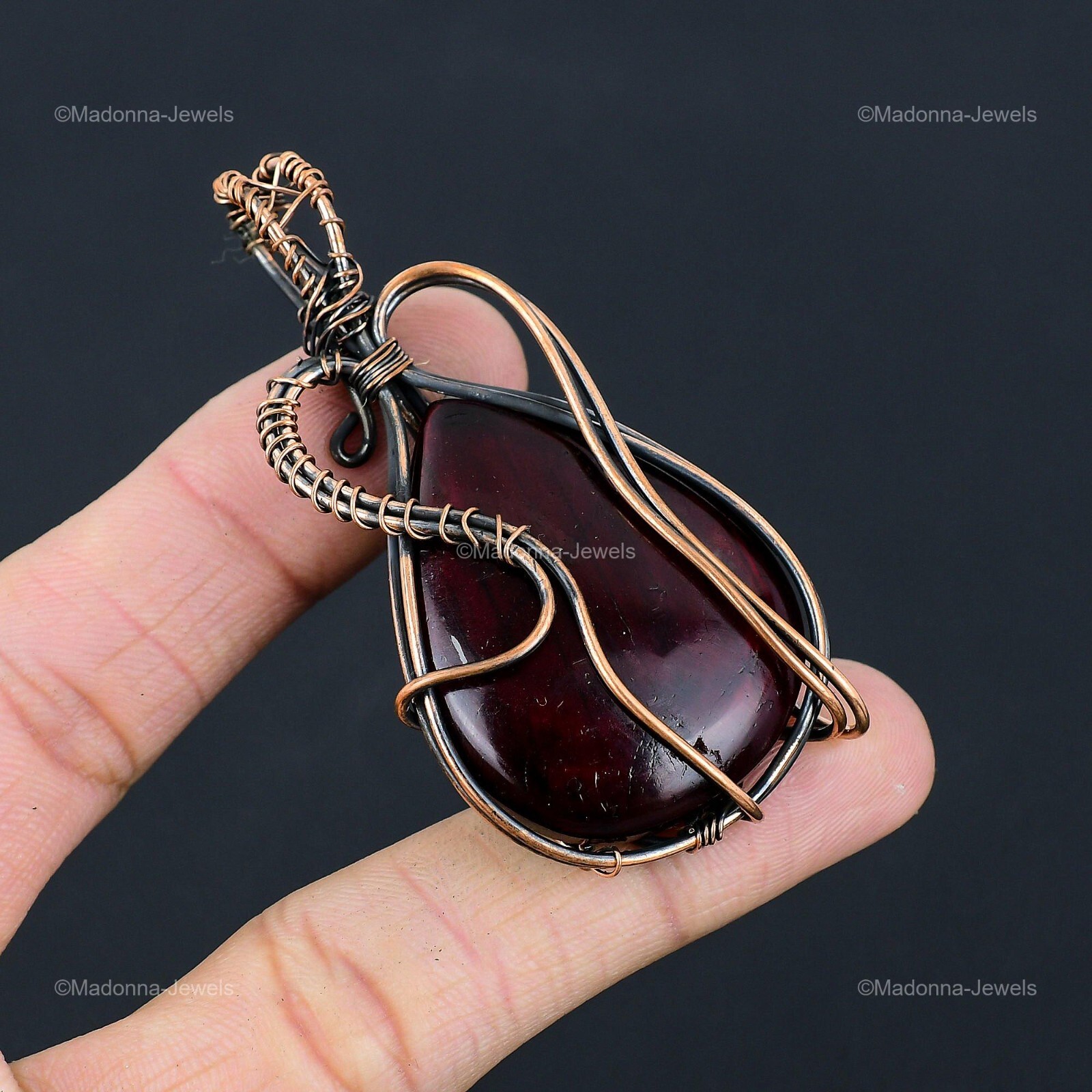 Third Eye Chakra Red Fire Labradorite Stone Copper Wire Wrapped Pendant Jewelry