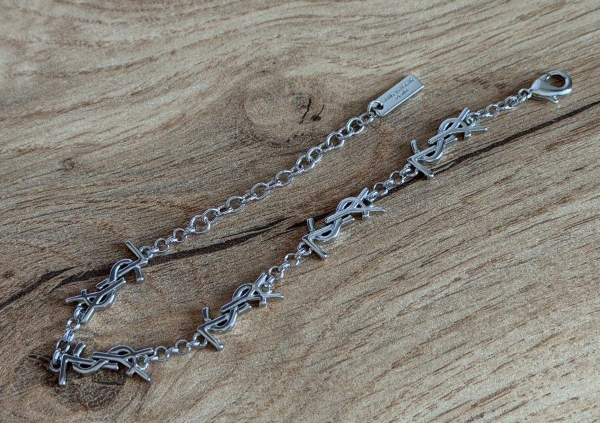 YSL Saint Laurent Chain Monogram Bracelet Logo Link Silver Tone Bracelet Luxury