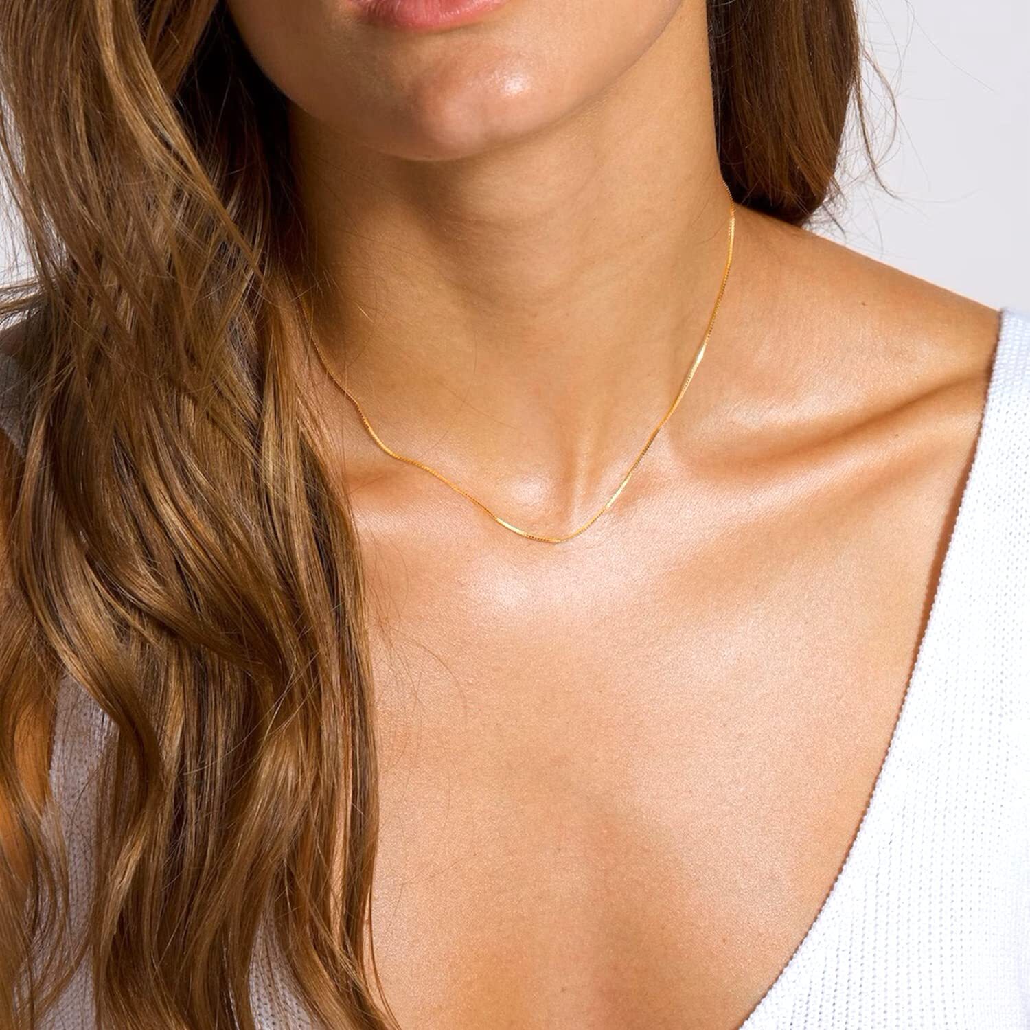 10k Real Solid Gold Mirror Box Chain Necklace, 0.6mm (18 Inches, Yellow Gold)
