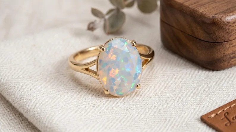 Oval White Fire Opal Ring Minimalist Statement Engagement Ring for Woman