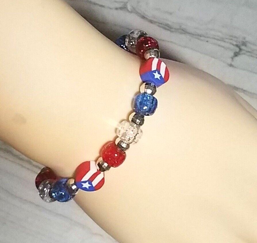 Puerto Rico Flag Stars & Stripes Beaded Stretch Bracelet. Red White & Blue PR