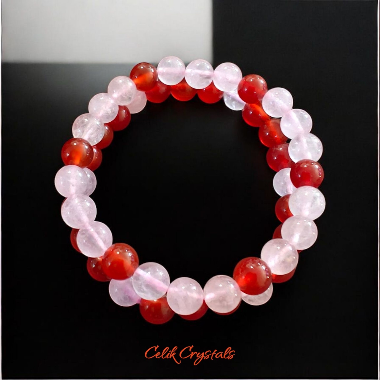 Rose Quartz & Carnelian Bracelet 2 Piece Set Natural Stones 8mm Stretches