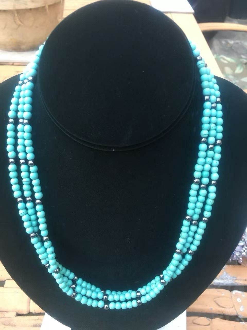 Blue Multi-Strand Beaded Necklace Round Beads Ball/Bead Chain Strand