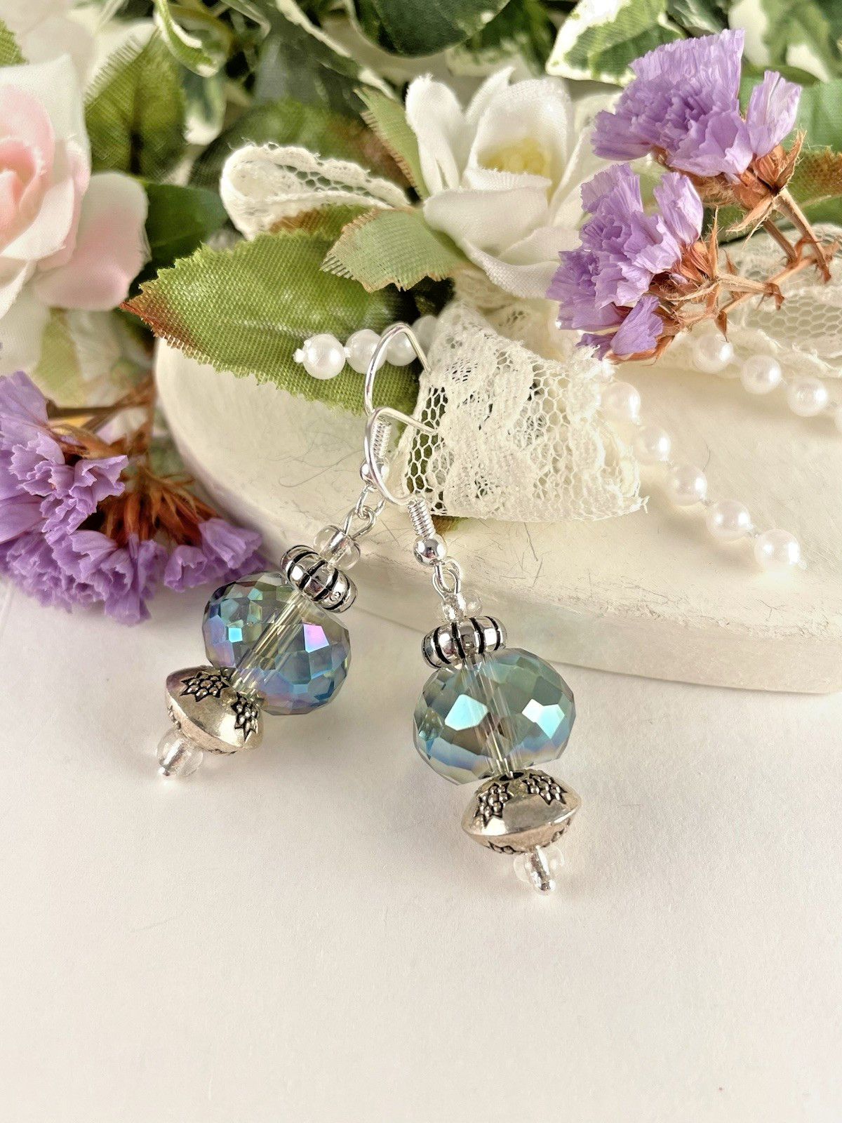 Round Octagon Blue Purple Crystal Silver Hook Earrings Handmade Artisan Jewelry