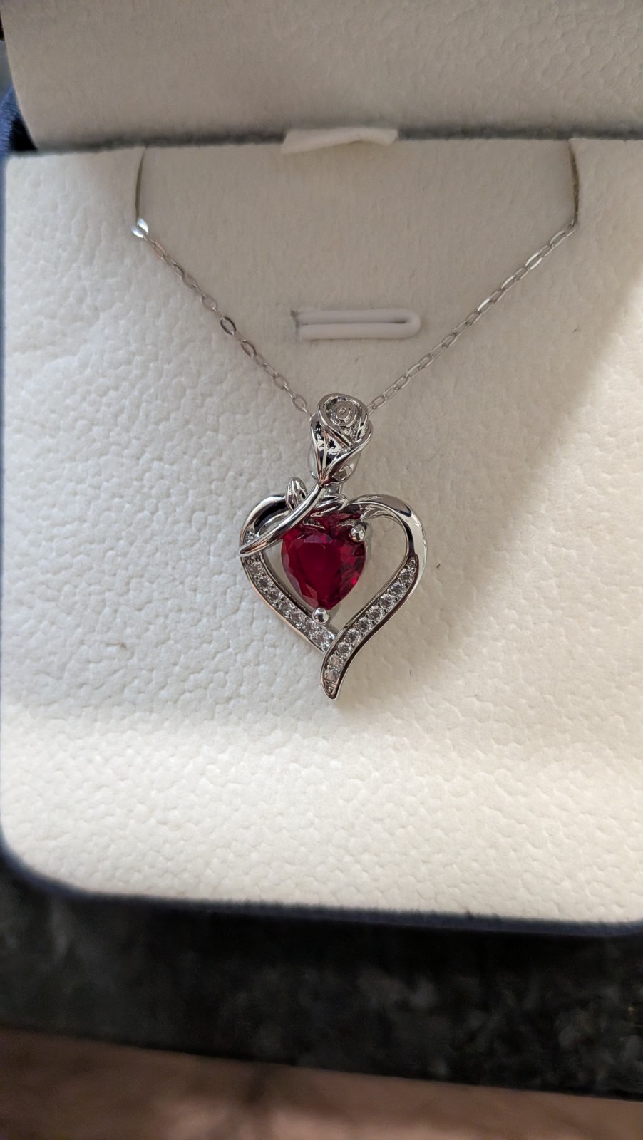 925 Sterling Silver Rose Heart Pendant Necklace 18 Sparkling Red CZ Romantic Jew