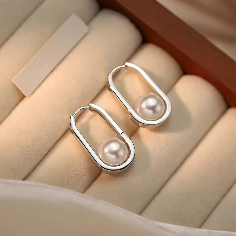 925 Sterling Silver Safety Pin Pearl Huggie Hoop Earrings Geometric Oval Gift