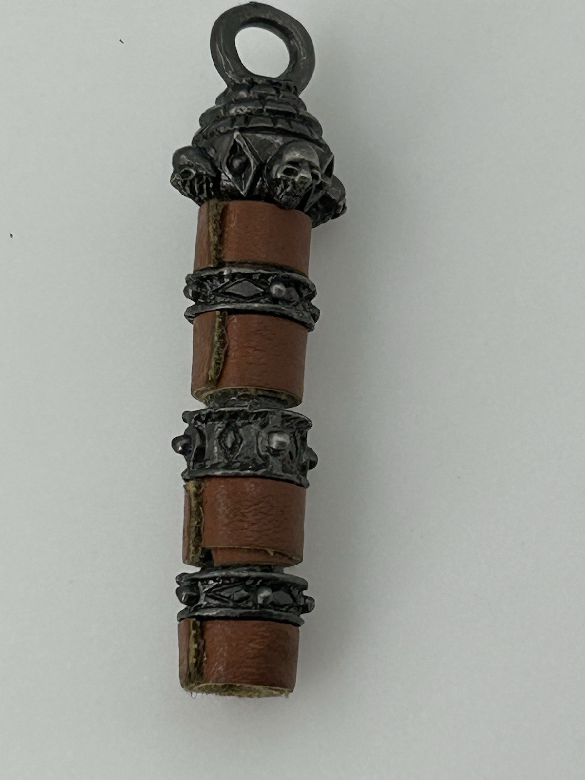 Gothic Skull Faux Brown Leather Roll Pendant Antiqued Bands 1.75 Inch Long