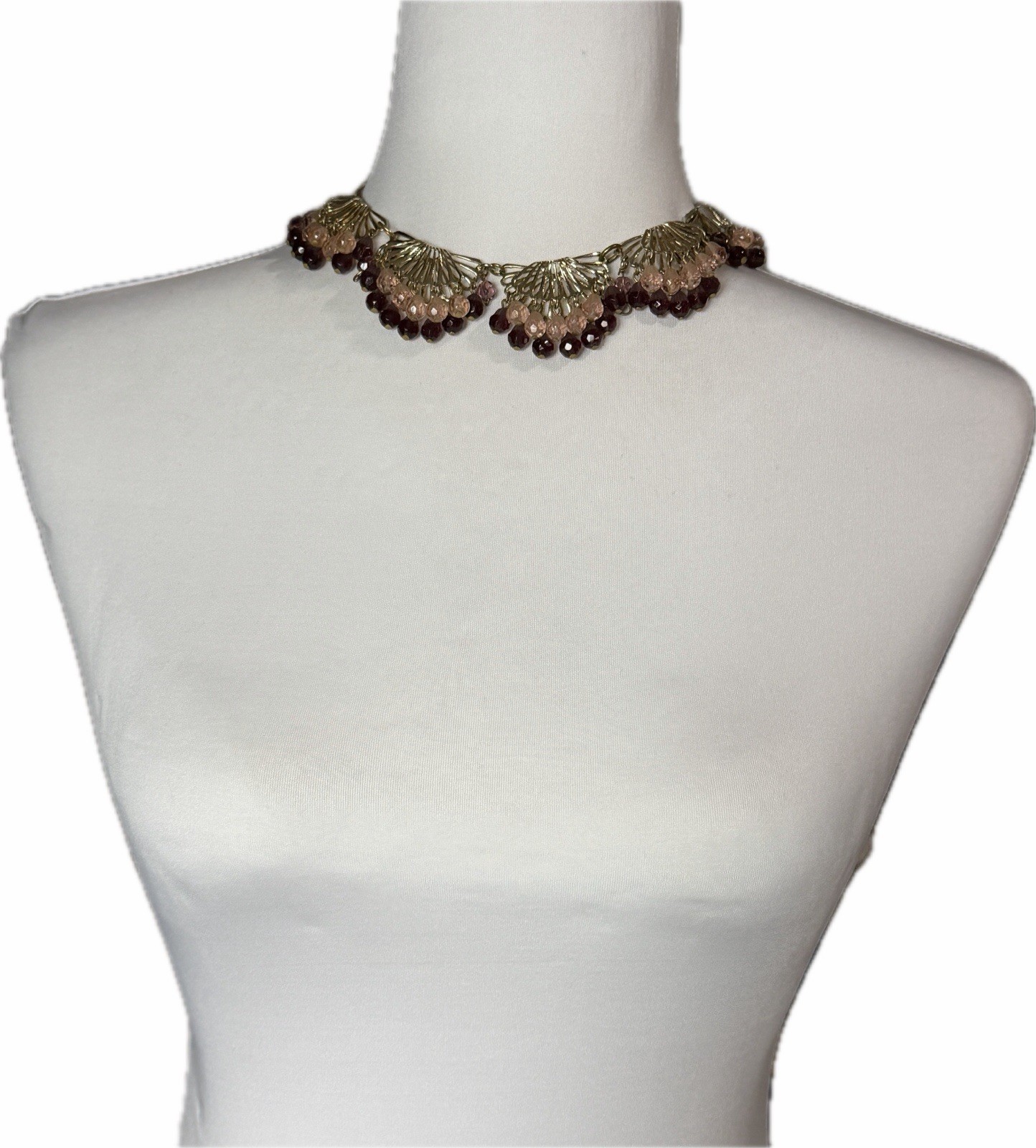 Vintage Purple Pink Glass Necklace Statement Scallop Bib Beaded Choker 15”