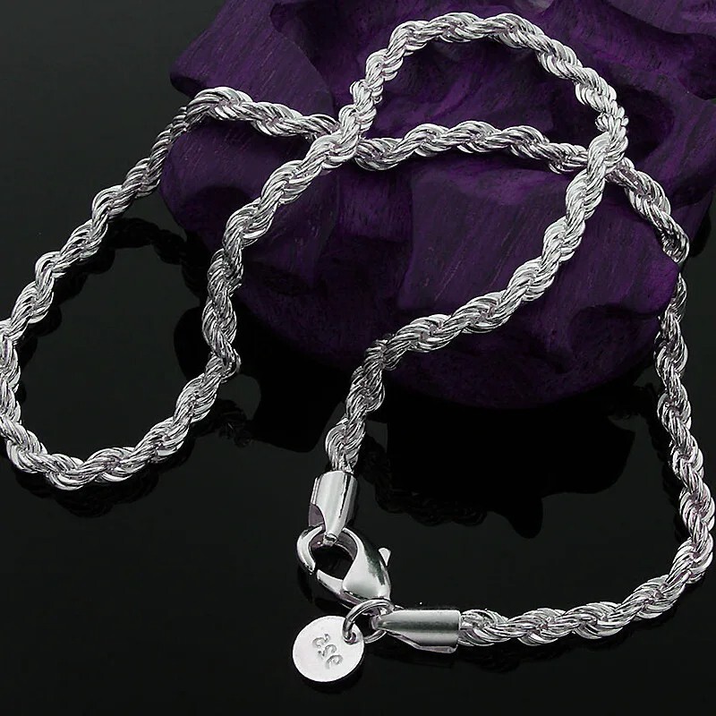 4mm Solid Silver Italian Rope Chain Necklace Diamond Cut Style