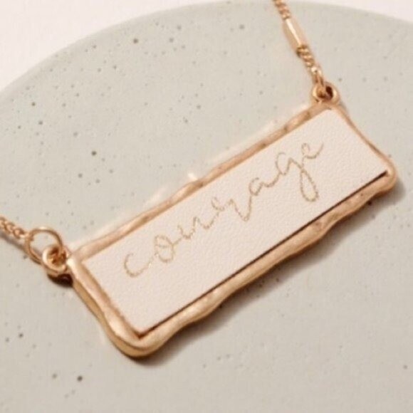 Courage Bar Charm Necklace Gold Faux Leather Ivory Jewelry Layering Nickle Free