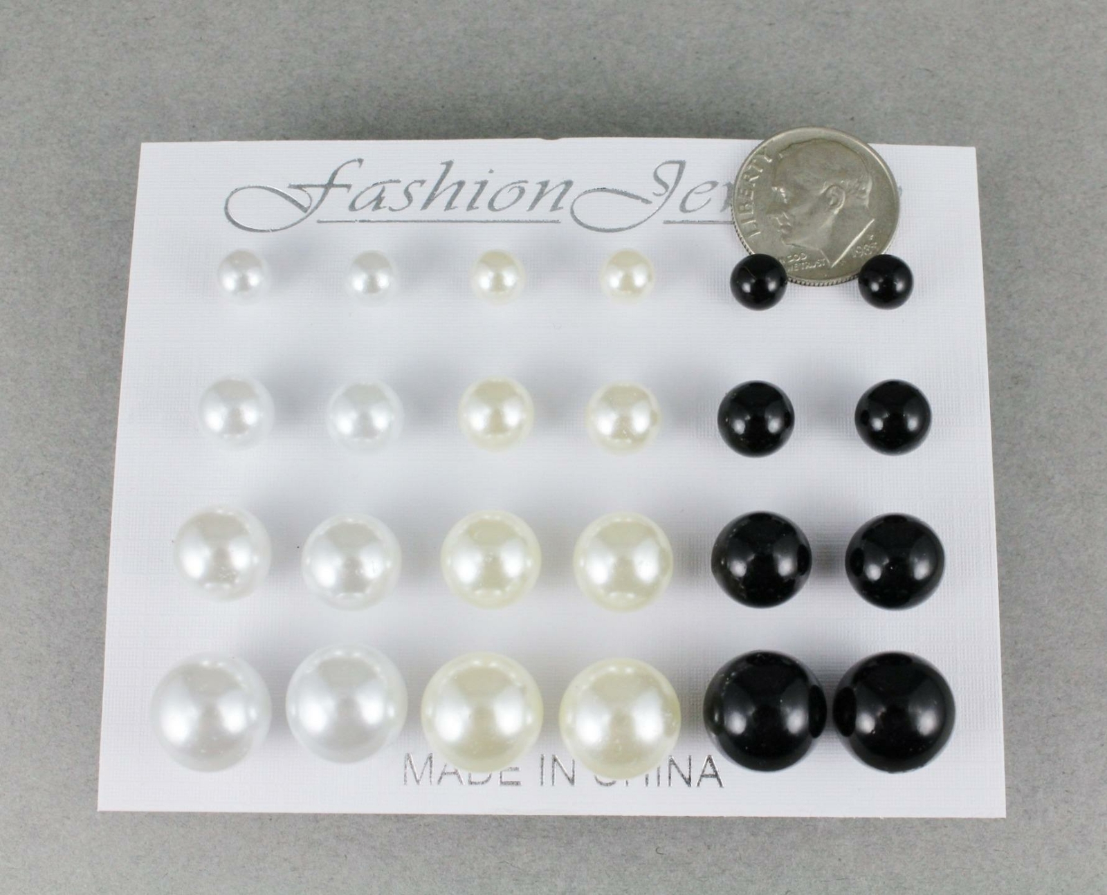 White Cream Black earrings 12 pair set pack graduated faux pearl bead stud post