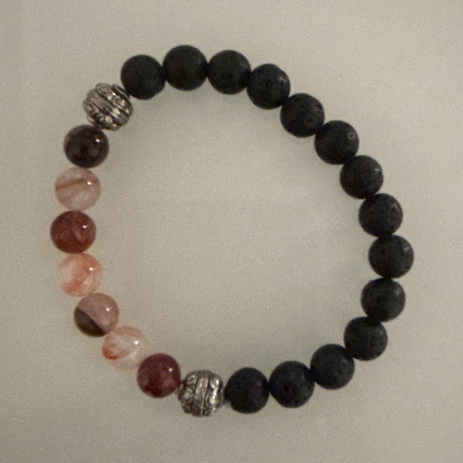 Black & Pink Beaded Stretch Bracelet Round Fire Quartz & Lava Stone
