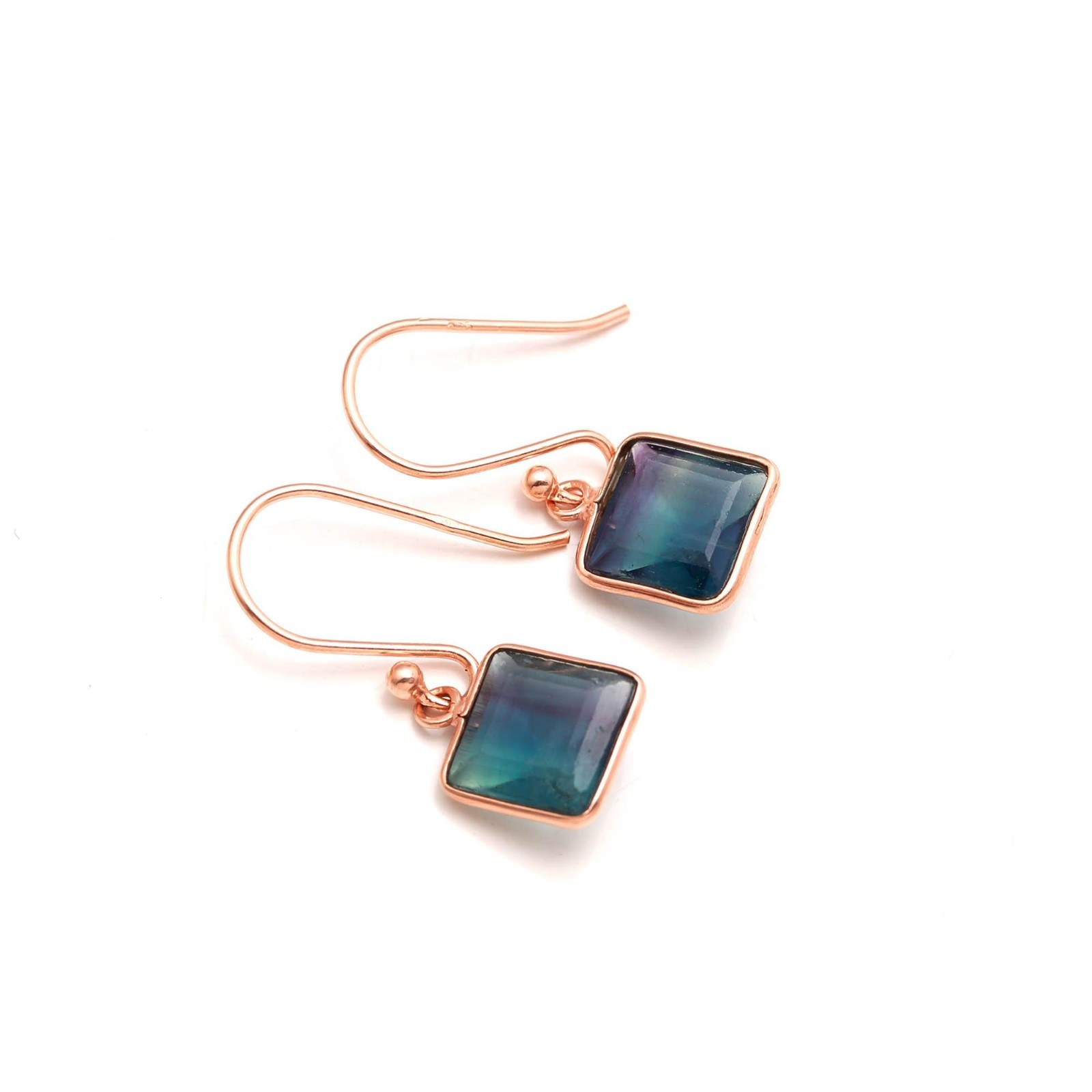 Natural Fluorite Square Dangle Earrings Rose Gold Plated Solid Silver Jewelry
