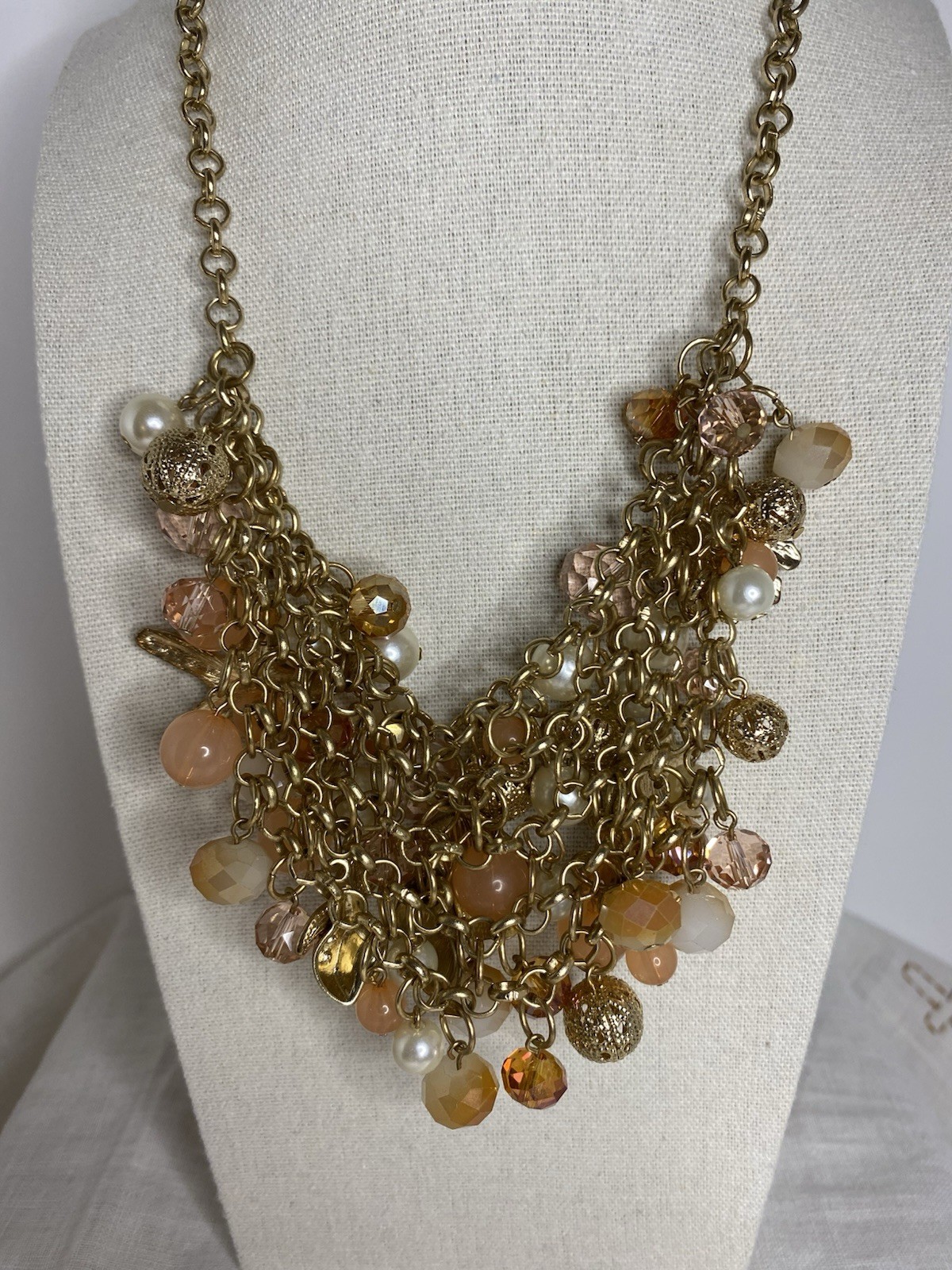 Coastal Statement Bib Necklace Shell Starfish Beaded Cha Cha Faux Pearls Charms