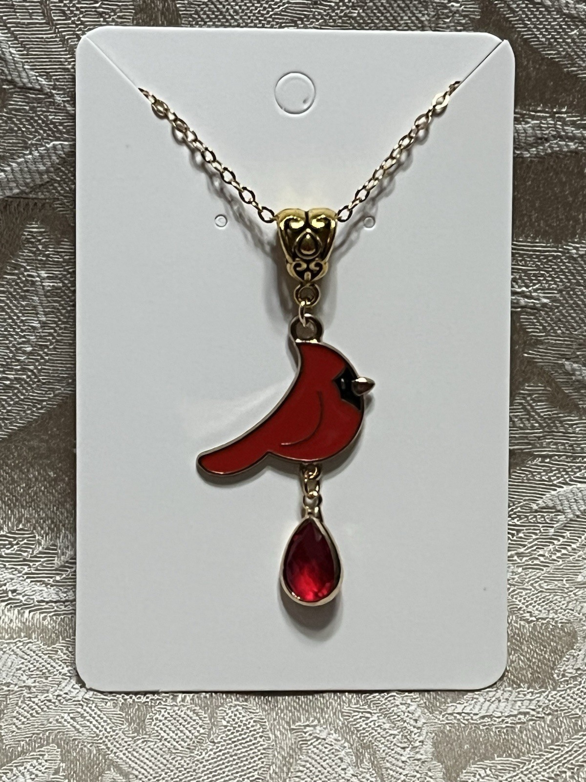 Cardinal Red Gem Christmas Gold Enamel Drop Dangle Boho Trendy Necklace