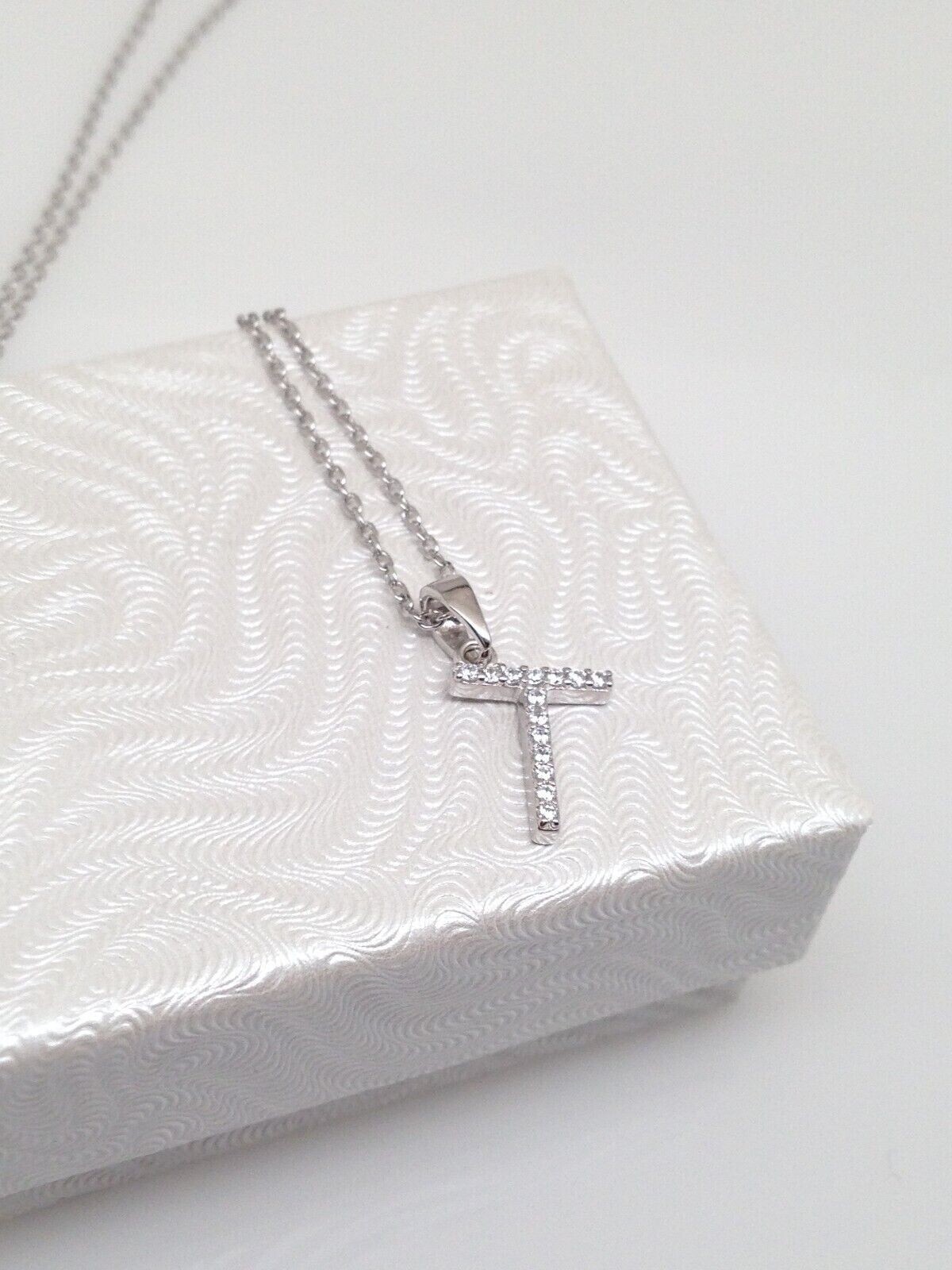 925 Sterling Silver CZ Initial Letter T Pendant Necklace Tiny 9.5mm 16-18″ Women