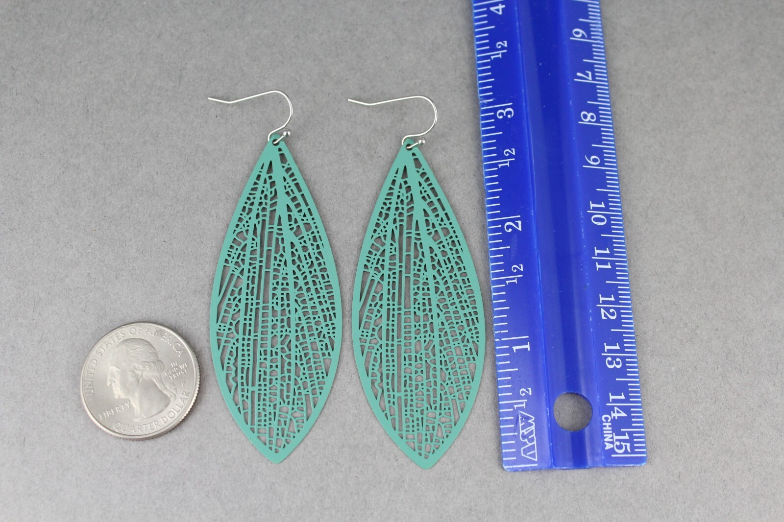 Teal Green earrings teardrop dangle VERY lightweight filigree 3″ long oval leaf